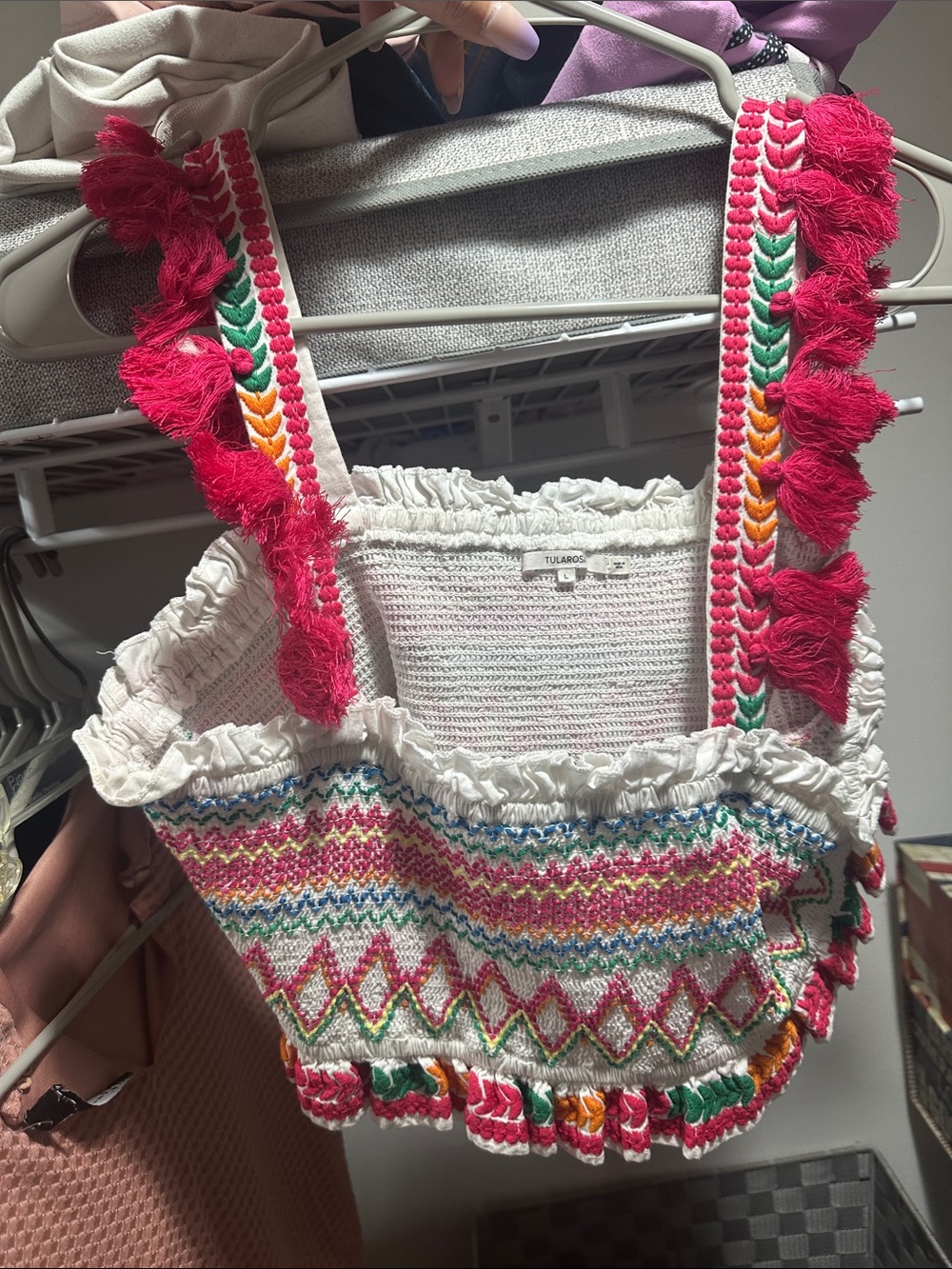 Tularosa White Mini Smocked Bag with Pink Tassel Straps